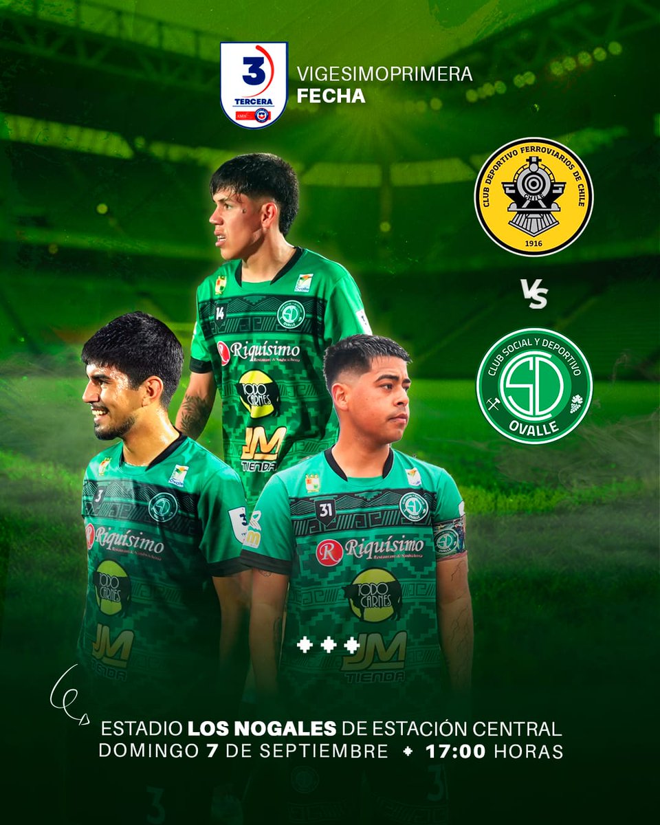 𝐏𝐀𝐑𝐓𝐈𝐃𝐎 𝐃𝐄 𝐋𝐀 𝐒𝐄𝐌𝐀𝐍𝐀❗️

🆚️ Ferroviarios 
⏰️ Domingo 7 septiembre - 17:00 hrs
🏟 Estadio Los Nogales de Estación Central  

¡Dale Social! 💚

#Ovalle #CSDOvalle #ElEquipoDeLaGente 🇳🇬