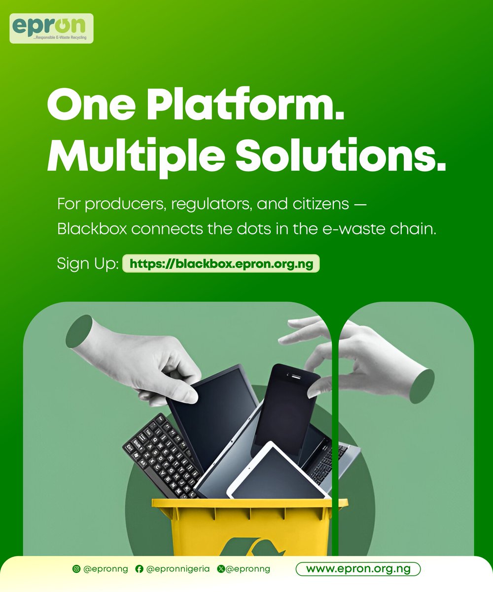 E-waste is one of the fastest-growing waste streams in Nigeria, and managing it properly requires more than just effort, it requires accountability, and innovation. That’s where Blackbox comes in.

👉 Sign up today: blackbox.epron.org.ng

#EPRON #Blackbox #EEE #EwasteAwareness
