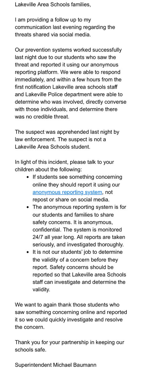 Yesterday, Lakeville Schools, City, and Police were made aware of a threat against McGuire Middle School and Lakeville South High School that occurred on Snapchat. 

I’m sharing some information that has been shared with parents from the Superintendent with the rest of the city