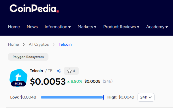 MarketCoinpedia's tweet image. Breaking: $TEL price rallies 9.90% to $0.0053 in the past 24 hours. 🔥

#Telcoin is now the top #3 performing coin among top 300 cryptos on #CoinpediaMarkets with market cap surging from $117.91M to $484.59M. 🚀

Track #TEL here: markets.coinpedia.org/telcoin/