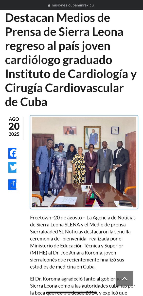 Grateful &amp; honoured by CUBA MINREX (Ministry of Foreign Affairs-CUBA)🇸🇱🤝🏾🇨🇺
<a href="/CubaMINREX/">Cancillería de Cuba</a> <a href="/icccv/">Icccv</a> 

misiones.cubaminrex.cu/es/articulo/de…