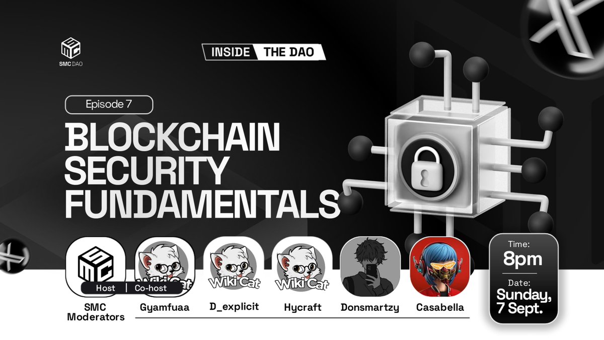 smcdao's tweet photo. Billions are lost each year to hacks, scams & simple mistakes.
The question is:
Do you really know how safe you are❓ 

📅 Sunday, 7 Sept
🕗 8PM WAT
🔴 Live on X

Join Co-host: @Gyamie &  @D_explicit04, @HycraftJoshua, @donsmartzyy & @Casabella1234 as we uncover the core principles of staying secure on-chain.

https://t.co/M5Z9Cgz2Mg