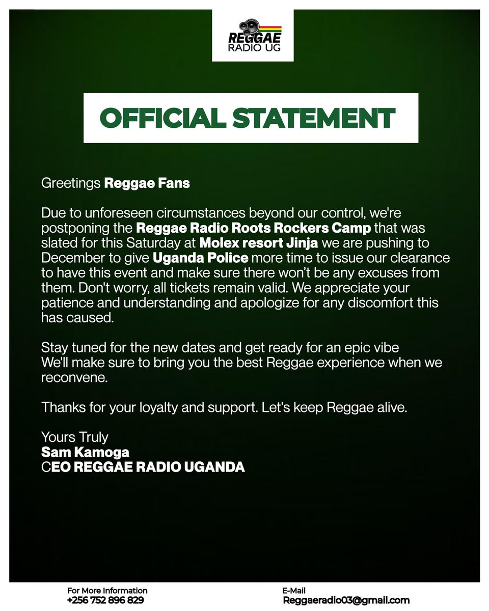 sam_kamoga's tweet photo. Im heartbroken to announce that the Reggae Radio Roots Rockers Camp wont be happening tomorrow. https://t.co/qqdtG2ZkhK