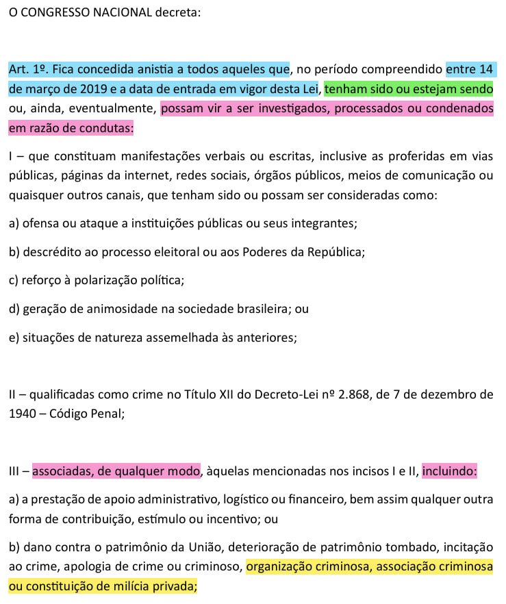 Jeff Nascimento | jnascim.info no Bsky (@jnascim) on Twitter photo Enquanto você dormia, os bolsonaristas colocaram no papel esse descalabro aqui, que pretendem aprovar no Congresso com prioridade👇🤨
(via <a href="/camarotedacpi/">Camarote da República</a>) Enquanto você dormia, os bolsonaristas colocaram no papel esse descalabro aqui, que pretendem aprovar no Congresso com prioridade👇🤨
(via <a href="/camarotedacpi/">Camarote da República</a>)