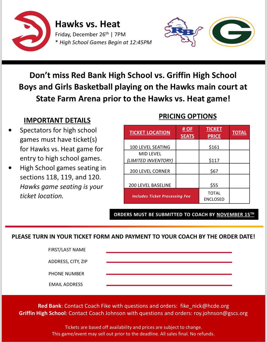 Lion Pride (@redbankhoops) on Twitter photo 🚨🚨Back for round 5 at State Farm Arena. Red Bank girls and boys will play yet another regular season game on the Atlanta Hawks floor Friday, December 26th! What an incredible opportunity! Contact Coach Fike, fike_nick@hcde.org for details. Tickets will go fast!🚨🚨 🚨🚨Back for round 5 at State Farm Arena. Red Bank girls and boys will play yet another regular season game on the Atlanta Hawks floor Friday, December 26th! What an incredible opportunity! Contact Coach Fike, fike_nick@hcde.org for details. Tickets will go fast!🚨🚨
