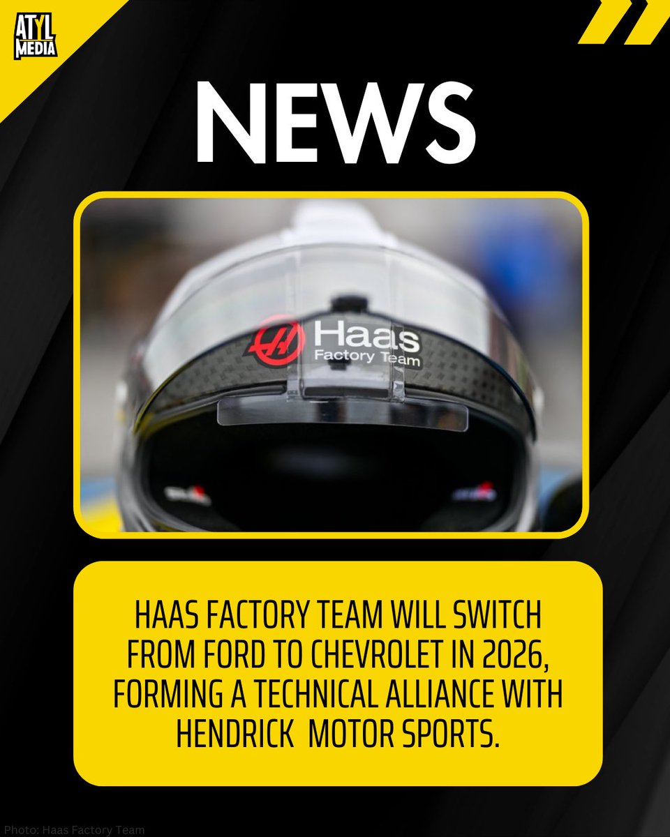⚒️We’re entering a new era for Haas Factory Team. 

HFT will make the switch to Chevrolet in 2026, forming a technical alliance with Hendrick Motorsports. The organization will maintain the same driver lineup for next season.
