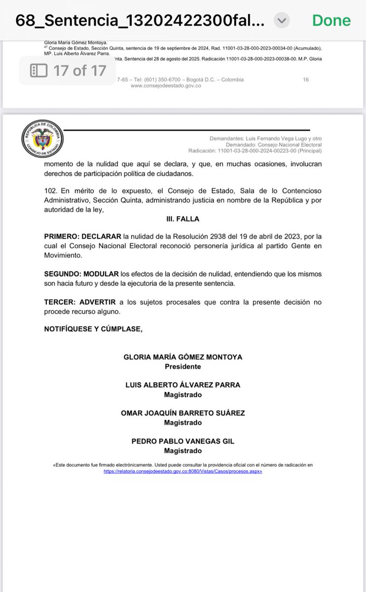#JUSTICIA El Consejo de Estado anuló la personería jurídica del partido “Gente en Movimiento” del exministro y precandidato presidencial, Mauricio Lizcano.

La corporación considera que el CNE incurrió en una infracción al otorgar dicho reconocimiento sin que el partido cumpliera