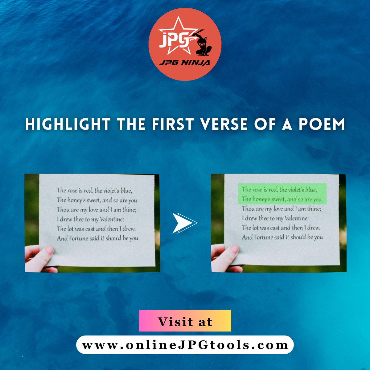 jpgninja2024's tweet image. In this example, we highlight our favorite fragment in the Roses Are Red love poem.
Try our Tool: onlinejpgtools.com/highlight-jpg-…
#browserling #highlightjpg #imageannotation #focusarea #photoediting #visualstorytelling #digitaldesign #onlineeditor