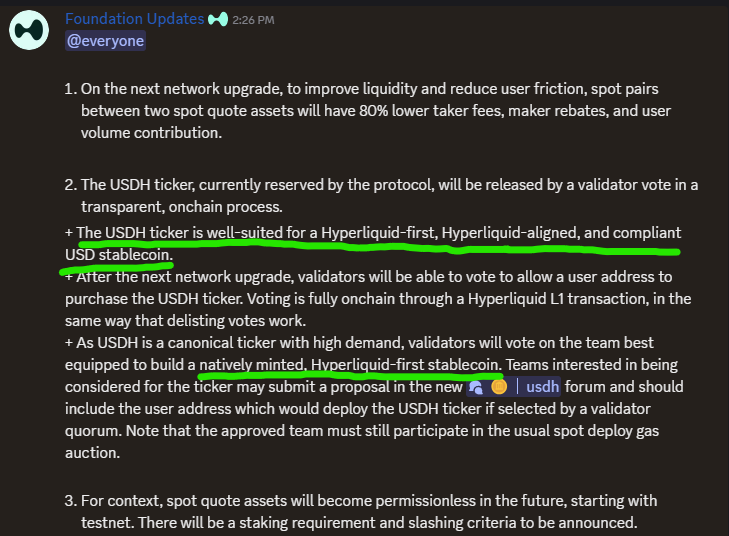 突显 USDH 稳定币功能的 Hyperliquid 基金会更新截图