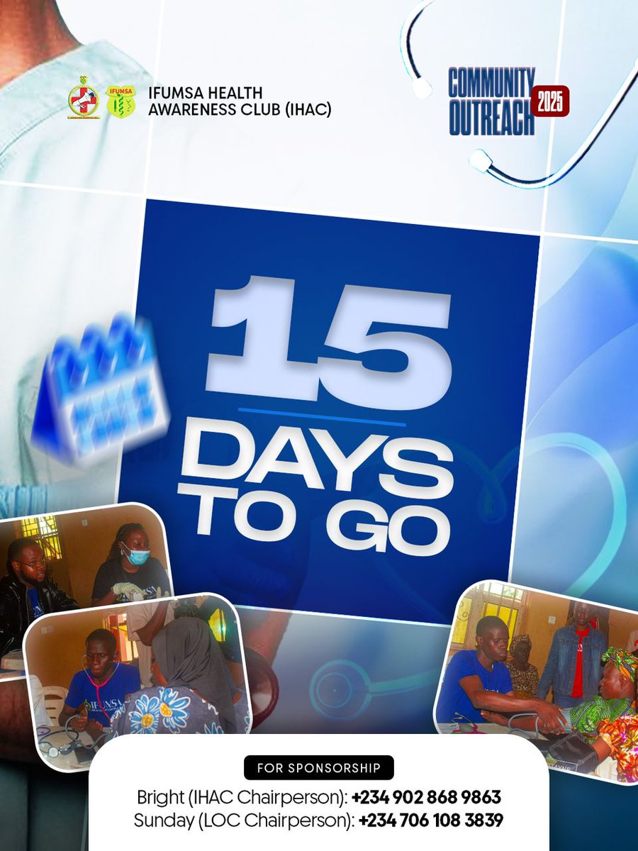 Let the Countdown beginnn!🤭

It’s 1️⃣5️⃣ days to IHAC’s yearly Community outreach and you can still help us make an impact by donating to;

Account name: IFUMSA Health Awareness Club
Account number:1229922614
Bank name:Zenith Bank 

#Ede2025🥰🥰
#wholesomehealthforall🤭🤭