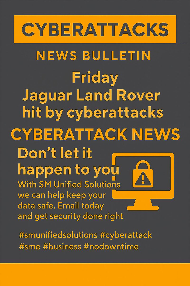 SMUS_Official's tweet photo. CYBERATTACK ALERT
Jaguar Land Rover was hit - are you next?
At SM Unified Solutions, we don’t just protect data - we protect reputations.
Get security done right.
Email us today to lock down your business. https://t.co/icPJd7TMiy