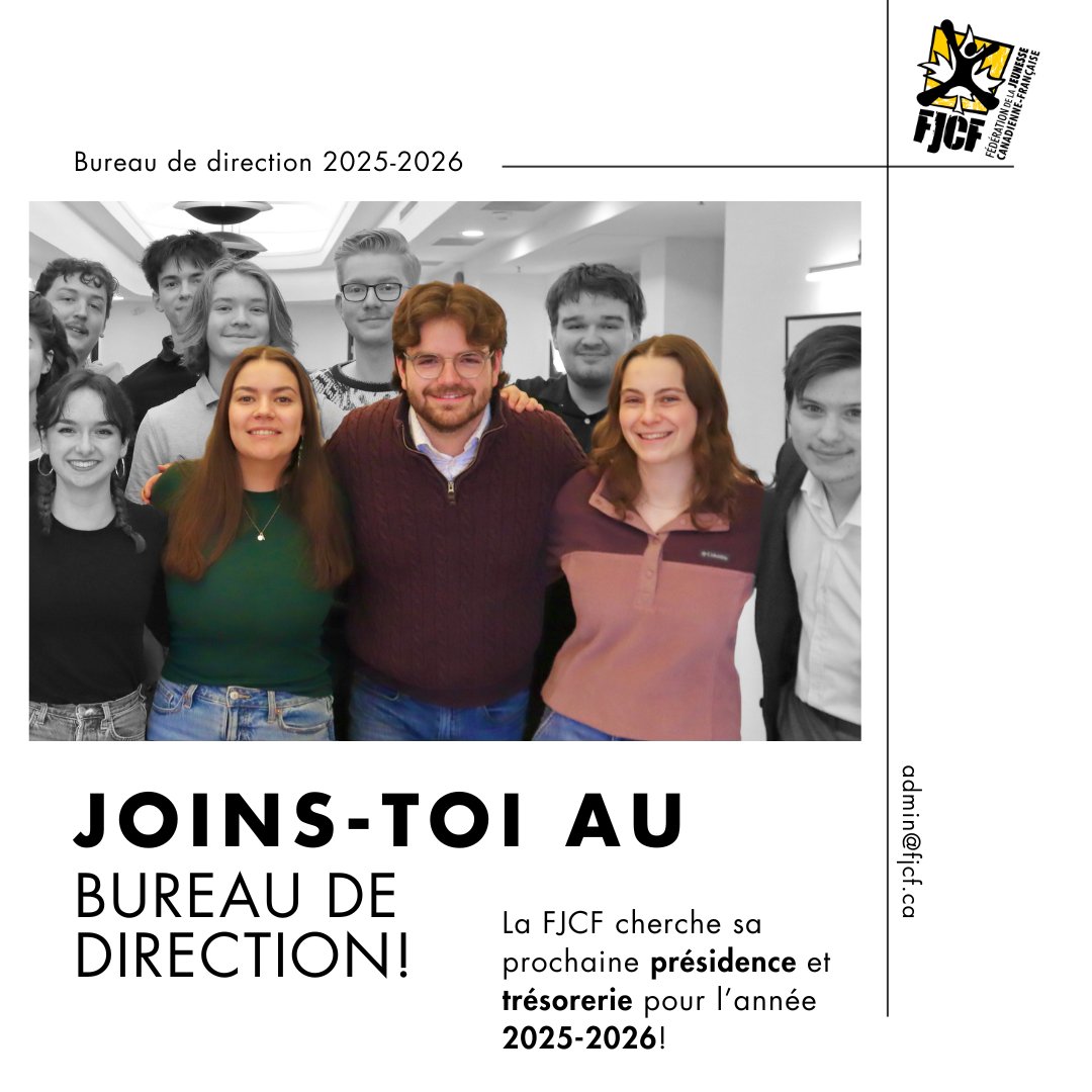 Élections FJCF : rejoins le Bureau de direction ! Intéressé(e) par président(e) ou trésorier(ère) ? 

Postule avant le 12 sept. 2025 à midi (HNE) à admin@fjcf.ca.  

#FJCF #ExpressionFrançaise #JeunesseEngagée