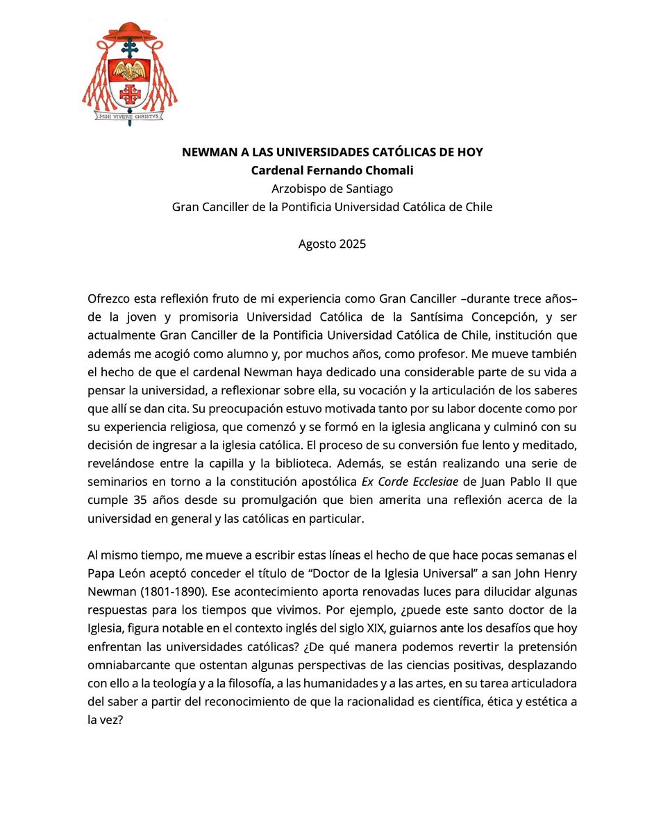 En el contexto del nombramiento de San John Henry Newman como doctor de la Iglesia, el cardenal <a href="/FernandoChomali/">Card. Fernando Chomali</a>  reflexiona sobre la situación actual de las universidades. 👉 shorturl.at/3EsGi