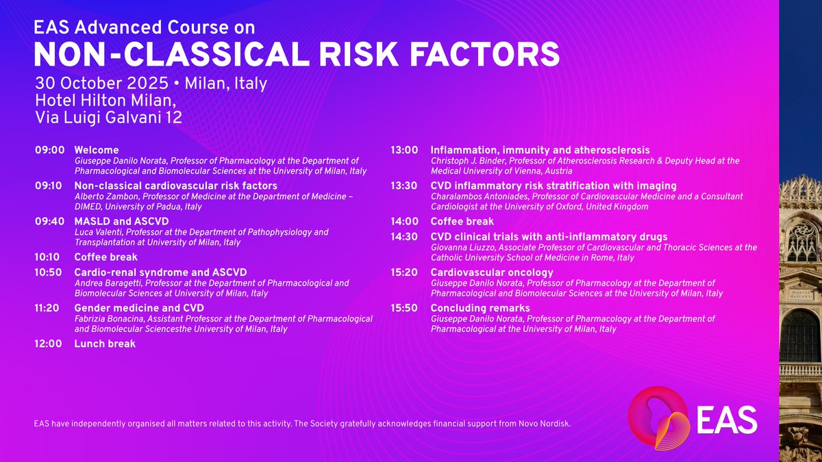Join us in Milan on October 30, for the EAS Advanced Course on non-classical risk factors. Held at the Hilton Milano 🇮🇹, this full-day event brings together leading experts to explore emerging topics in cardiovascular science - including MASLD, cardio-renal syndrome,