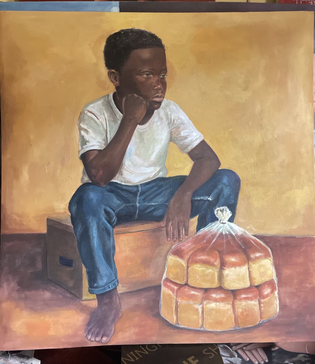mandroid_o's tweet photo. Title – The Grind
Acrylic on Canvas
In The Grind, I confront the blurred lines between survival and morality in contemporary Nigeria. This painting captures a young boy seated beside a humble bag of bread, a symbol of sustenance and the daily hustle that defines life for many. https://t.co/FziCRYlhOp
