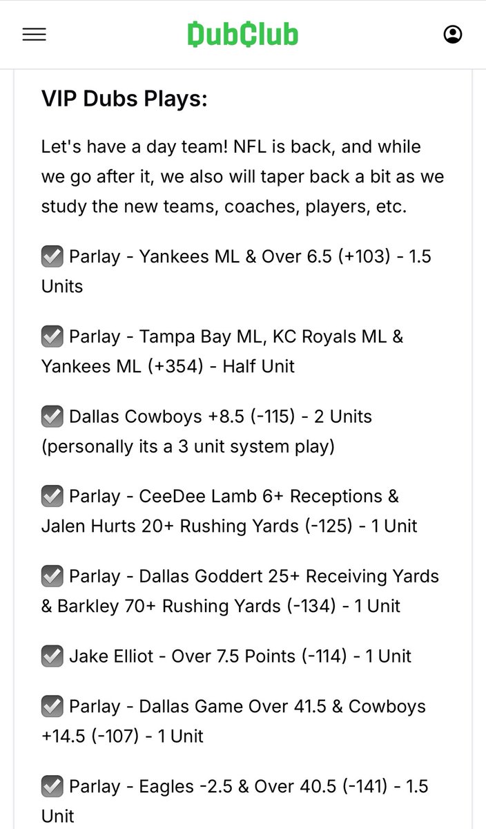 VIP Free Week Continues🚨🚨

Last night - 5 Units profit 🔥

6 of 7 days green ✅✅

We’ve had a great group jump in on the free week, and experiencing days like the attached. Don’t miss out…it’s free money 🤮

Use this link 👇
dubclub.win/r/p/pri-jacxr/…