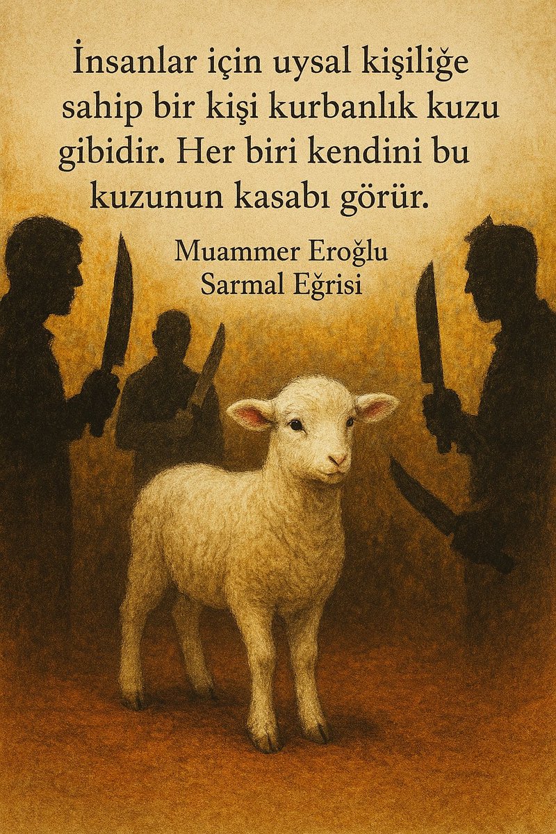 "İnsanlar için uysal kişiliğe sahip bir kişi kurbanlık kuzu gibidir. Her biri kendini bu kuzunun kasabı görür." - Muammer Eroğlu, Sarmal Eğrisi