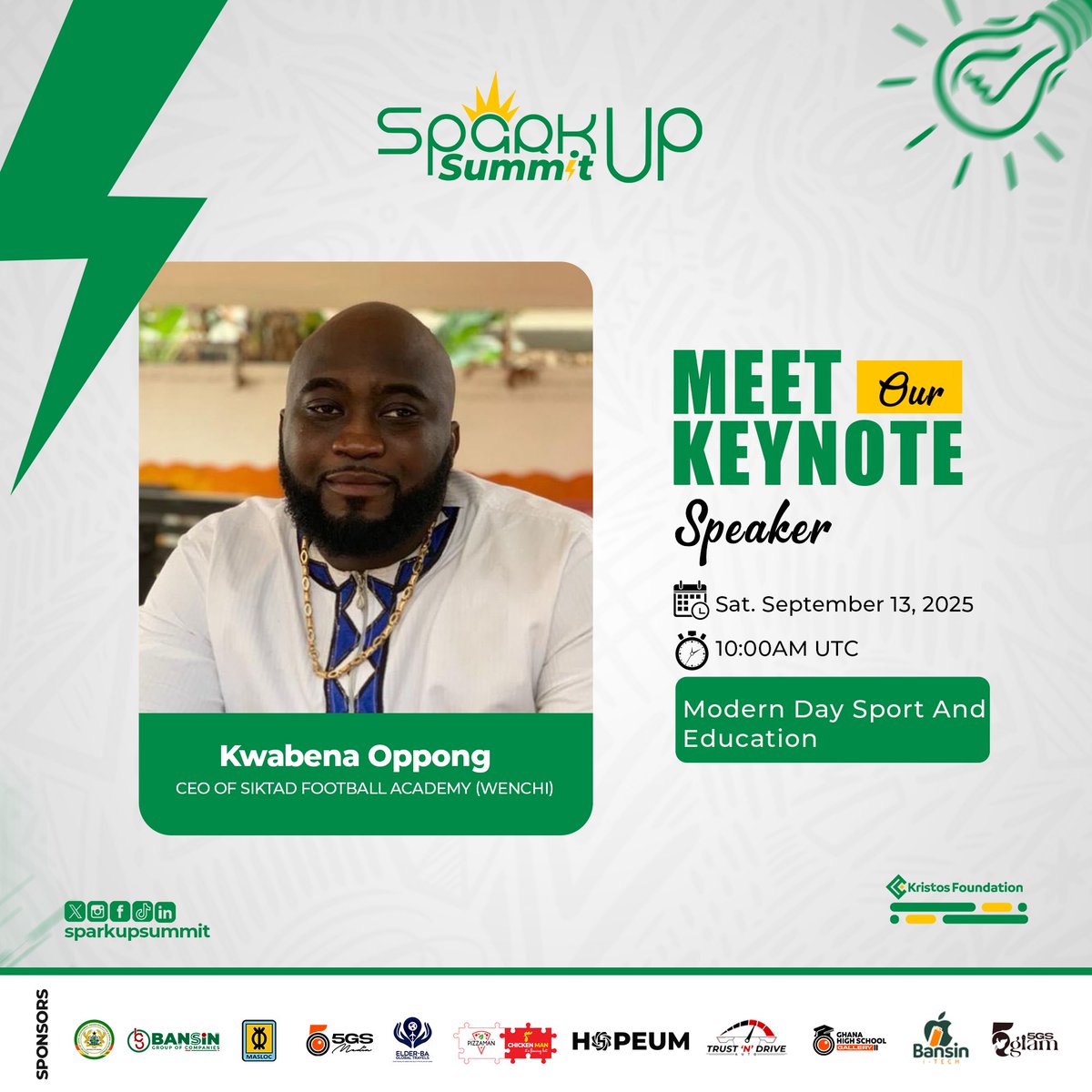 sparkupsummit's tweet photo. Keynote Speaker 🌟
Kwabena Oppong, CEO of SIKTAD Football Academy, speaks on Modern Day Sport &amp; Education at #SparkUpSummit25 ⚽📚

📅 13 Sept 2025 | 🕙 10AM | 📍 Wenchi https://t.co/VpX3hiPm43