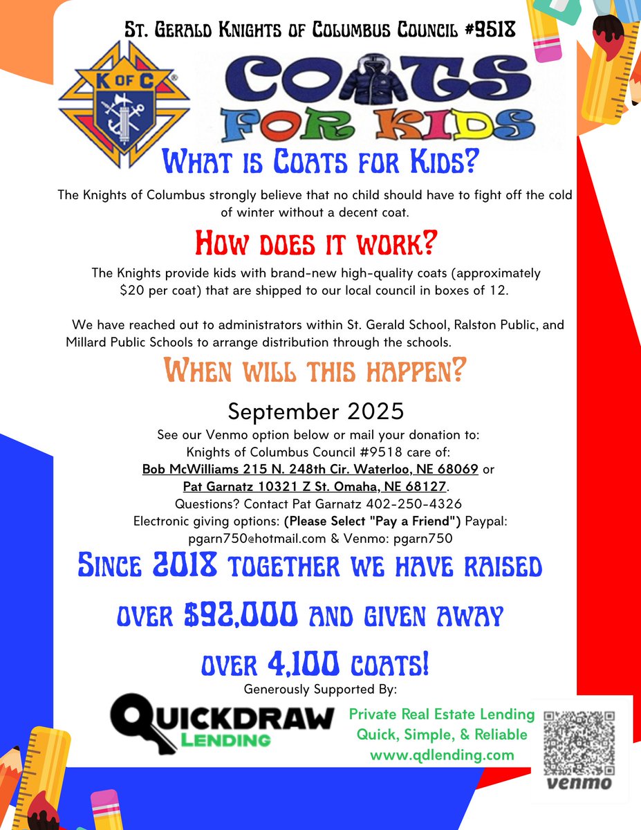 I'm excited to kickoff fundraising for Coats for Kids!   We've raised $92,000 and given away over 4,100 coats.   Lets cross that $100k threshold together!

Electronic giving:
Venmo pgarn750
PayPal pgarn750@hotmail.com

(Select pay a friend as opposed to pay for a service)
