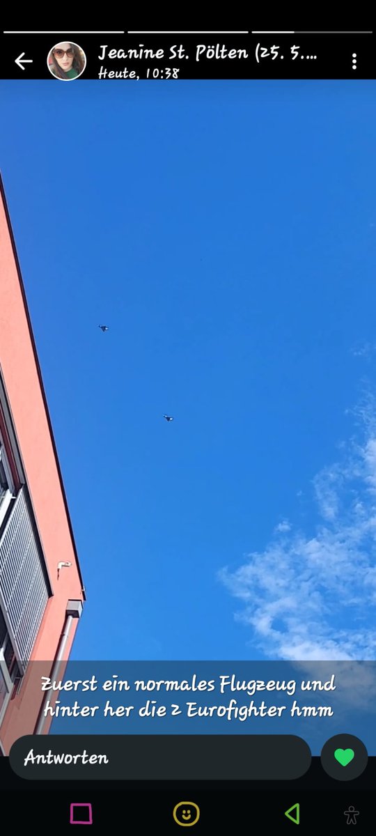 um ca. 10.30Uhr ist 1 Flugzeug und 2 Eurofighter dahinter nachgeflogen (in st.Pölten Hauptstadt), warum?  Bitte um Info?
#heute #Eurofighter #Sanktpoelten #Niederösterreich