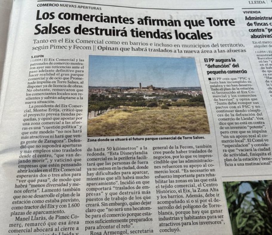 amicsdelalletja's tweet photo. El comerç local veu Torre Salses com una amenaça. És el mateix que sentiria l’oci nocturn si s’obrís una #macrodiscoteca i centre d’oci a #Lleida: concentració en un sol punt i desert al voltant. El risc no és competir, sinó buidar la ciutat.

@flarrosa culpable irresponsable https://t.co/hkh9IJ1xAV