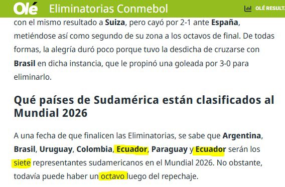 gabapala's tweet photo. Aplausos para #Ecuador que según @DiarioOle clasificó con 2 equipos y se ve que el diario también consiguió un cupo extra para #CONMEBOL en el mundial… 🤦🏻‍♂️(Fuente : https://t.co/Ad1QcVCkWX) https://t.co/XBZYQlAsez