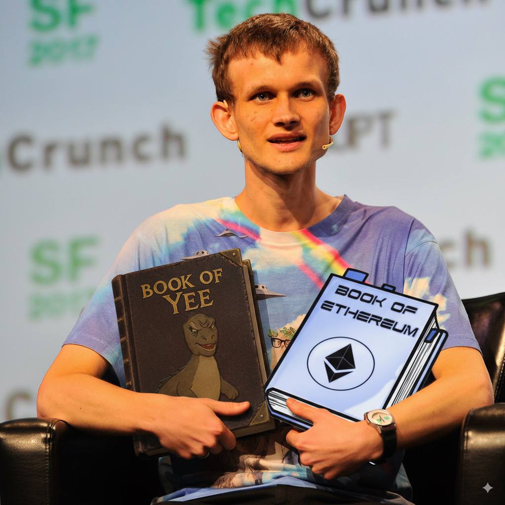 YeeErc20's tweet photo. 🚨BREAKING🚨

@VitalikButerin was seen holding a fresh-off-the-press copy of the BOOK OF YEE at ETHKyiv 2025—where he appeared as an unannounced keynote speaker, surprising attendees with his speech, where he hinted that $YEE might be the true spirit animal powering Ethereum’s next bull run 🦖🚀

Rumor has it extra copies have been dispatched to:
@ethereumJoseph
@gavofyork
@diiorioanthony
@Bitmine

Together, @Bookof_Eth x @YeeErc20 will make #Ethereum great again