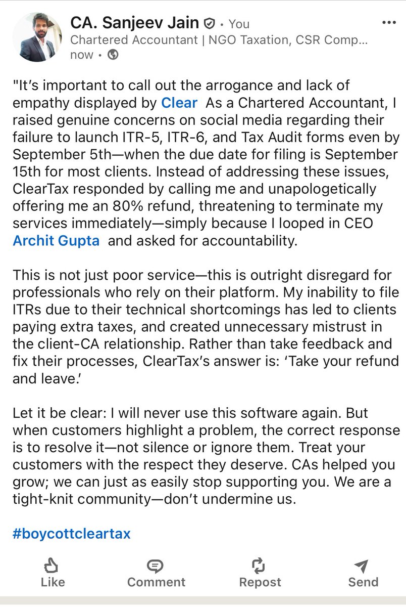 CA_SJain's tweet photo. @_cleartax this is how you treat ur customers, btw he told me ITR-5 will be live today, still waiting for it. 
He even told me to delete the tweets otherwise i will be bad for me. i dare you now to suspend my fully paid subscription account.@architgupta https://t.co/LNRjkFrv2N