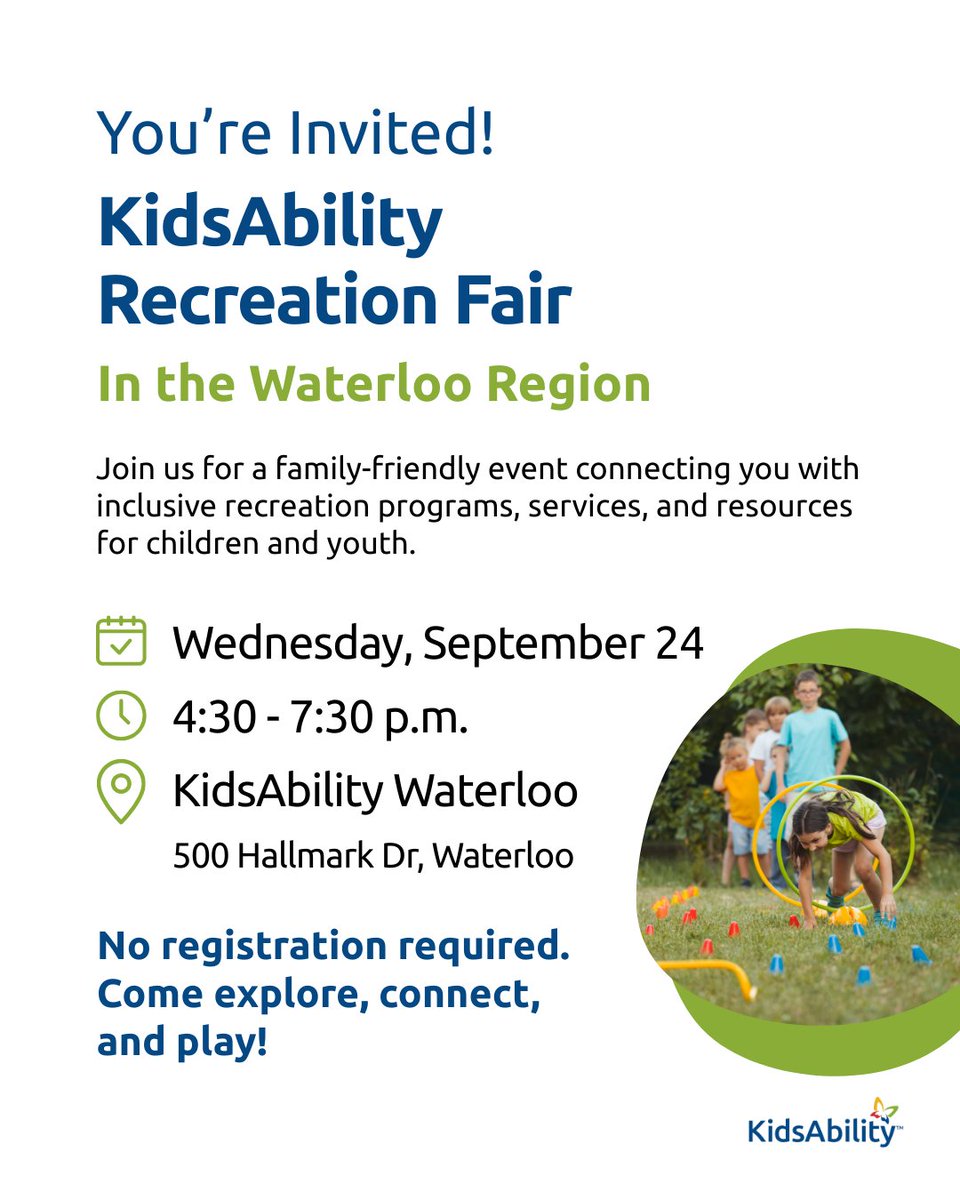 KidsAbility’s Recreation Fair is coming to Waterloo on September 24 from 4:30–7:30 p.m.

No registration needed. Just come explore, connect, and play!