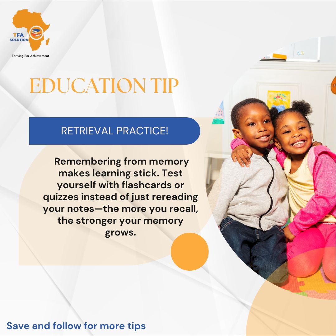 TFA_Solution's tweet image. ✨ Education Tip: Retrieval Practice ✨
Don’t just reread notes 📖— test your brain!🧠Use flashcards &amp;amp; quizzes to boost memory.
👉 Try TFA Solution’s CBE-aligned flashcards, memory games &amp;amp; progress tracking today!

🔗 tfa.tutorforafrica.com

#StudySmart #TFASolution #CBELearning