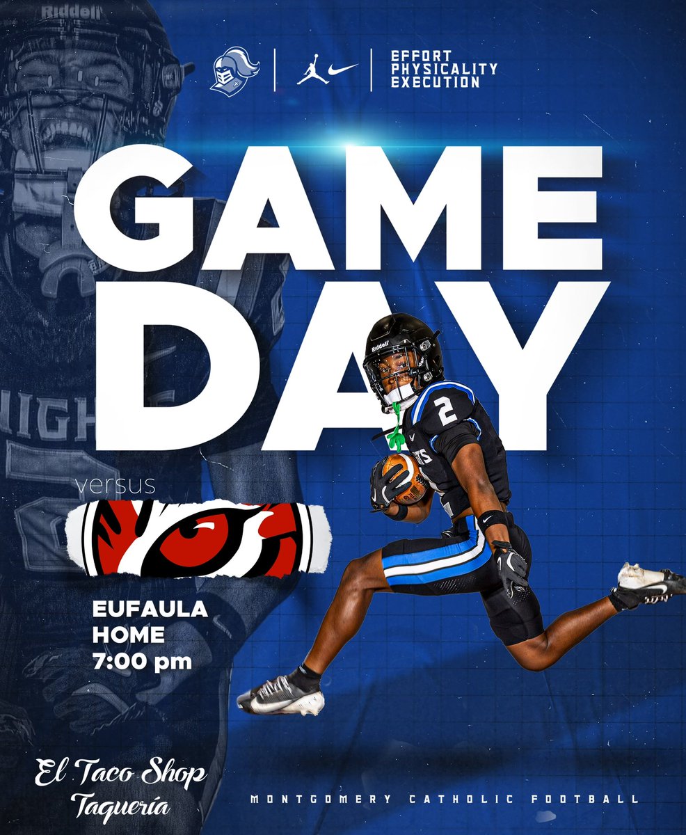 🔹 Get up Knight Nation, it’s GAMEDAY! 

🏈 Montgomery Catholic vs. Eufaula 

🎟️ Tickets can be purchased on GoFan using the link below.
gofan.co/event/2996266

📺 You can also stream the game live on the WSFA 12 Sports App!

Thank you El Taco Shop for sponsoring tonight’s game!