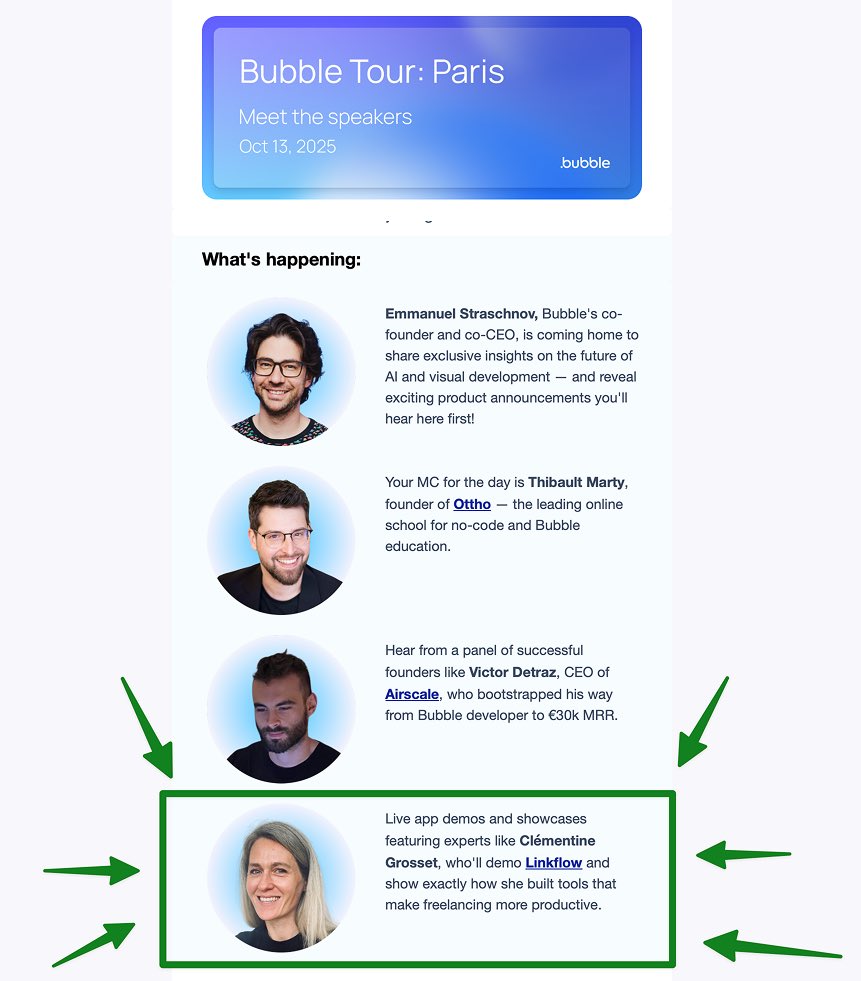 cloumcloumcloum's tweet image. Yaaaaay 🎉 I’ll be on stage at the @bubble Tour in Paris, Monday Oct 13th!
I’m demoing Linkflow, my productivity tool built for freelancers.
Who’s in??