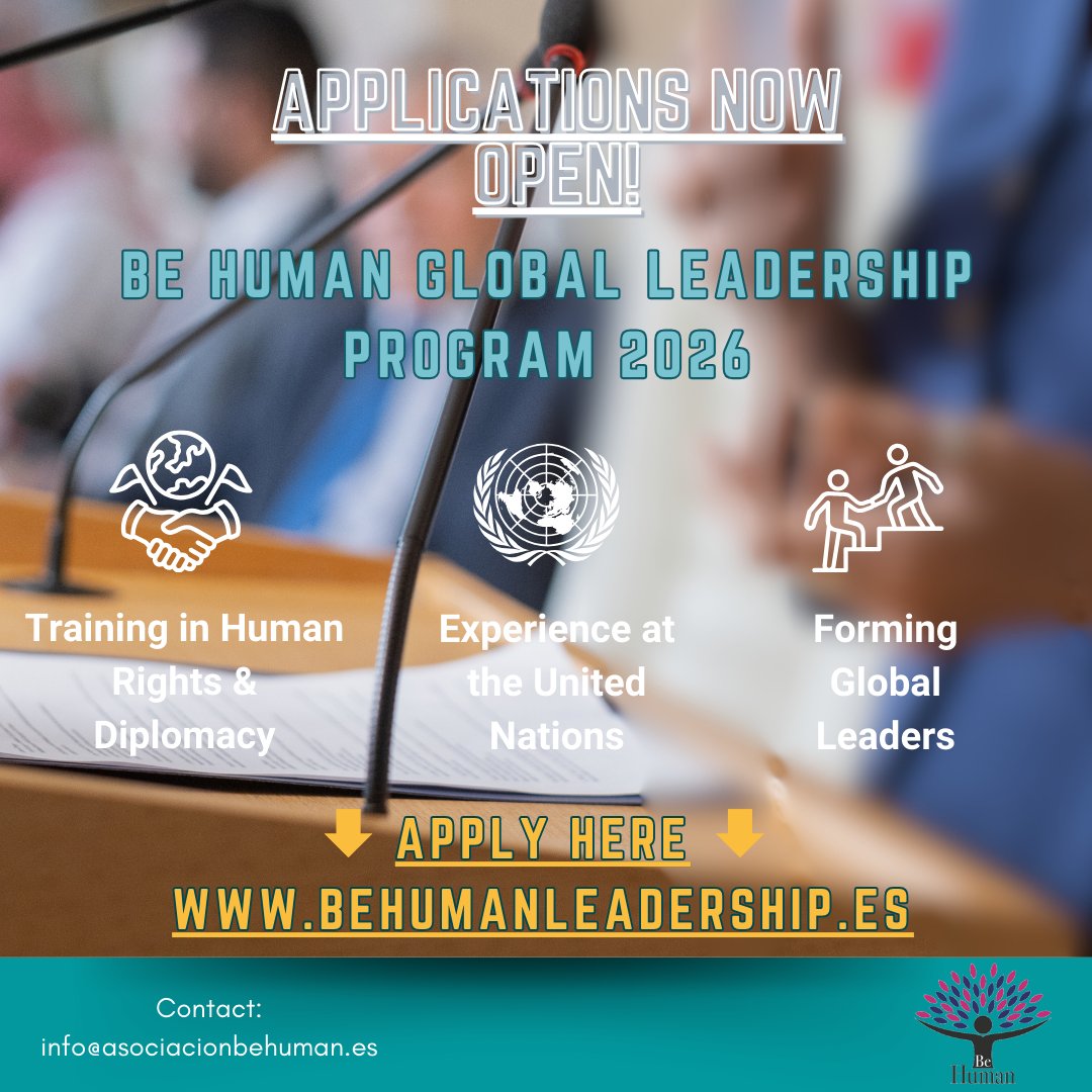 Are you between 18 and 30 years old and passionate about HR, diplomacy, and international advocacy? This is your chance to be part of a transformative program that prepares the next generation of global leaders. Apply at behumanleadership.es
#BeHuman #UN #HumanRights