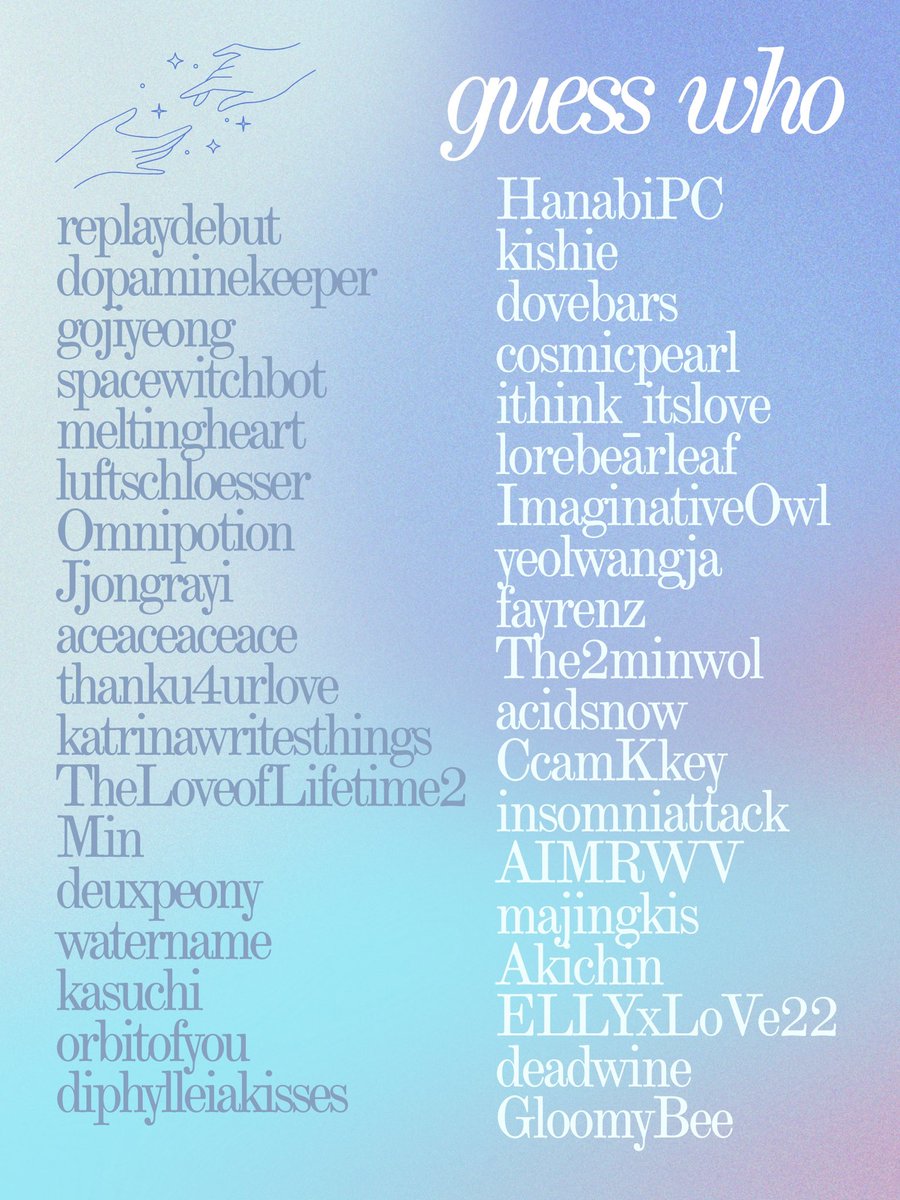 summerof5hinee's tweet photo. It’s TIME 🌟 

Here is the full list of participating authors for this round! Submit your guesses here: https://t.co/WZU9HRK6dU https://t.co/iswbyqKitq