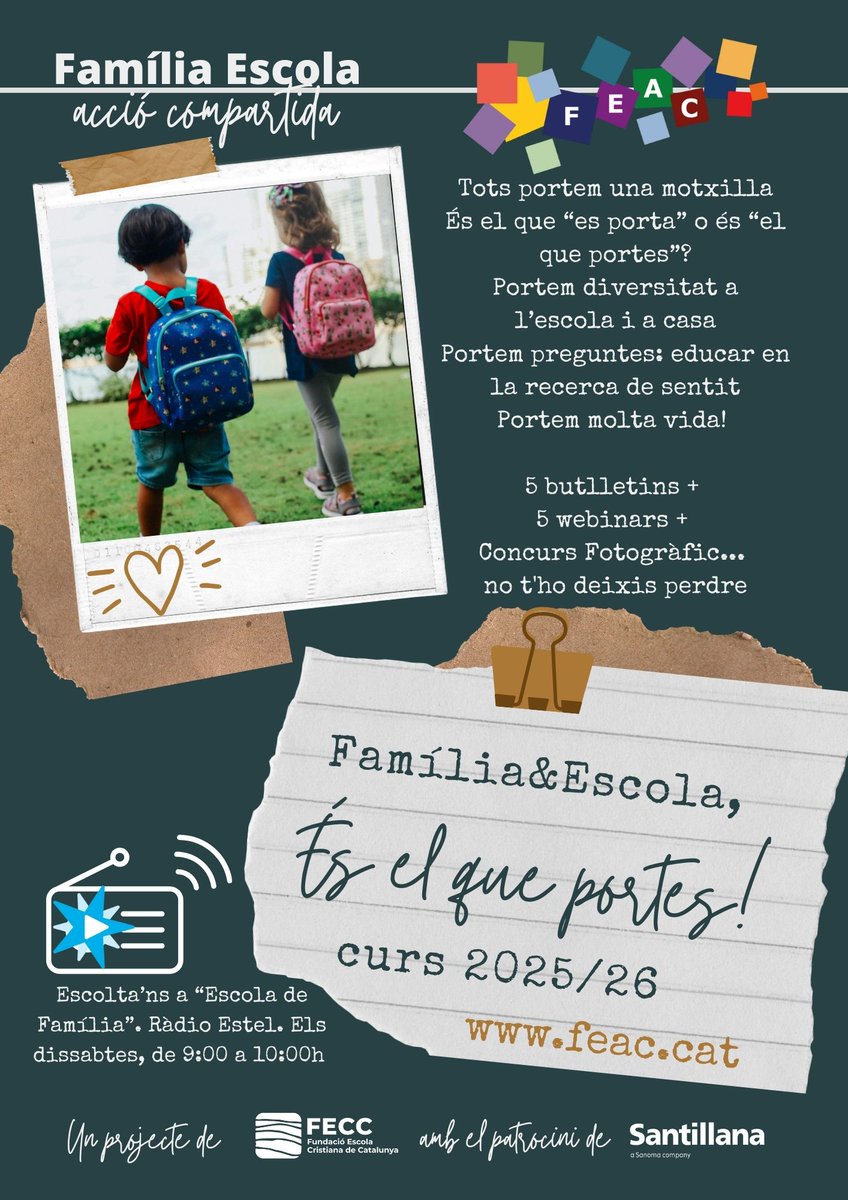 📡"És el que portes! FEAC va amb tu" 🗓️Ja teniu disponible la programació d'aquest curs del Programa Família-Escola, Acció Compartida. "Som el que portem, som el que travessa la porta de casa i la porta de l’escola"... 👉tuit.cat/ewmD4