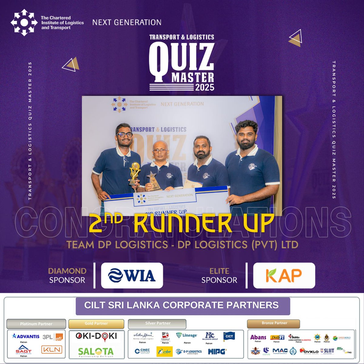 Congratulations to Team DP Logistics - DP Logistics (Pvt) Ltd for securing the 2nd Runner-Up position at Quiz Master 2024/25!

Your hard work, teamwork, and intellectual brilliance made a remarkable mark in this competition.

#QuizMaster
#CILT #CILTNG #SL
