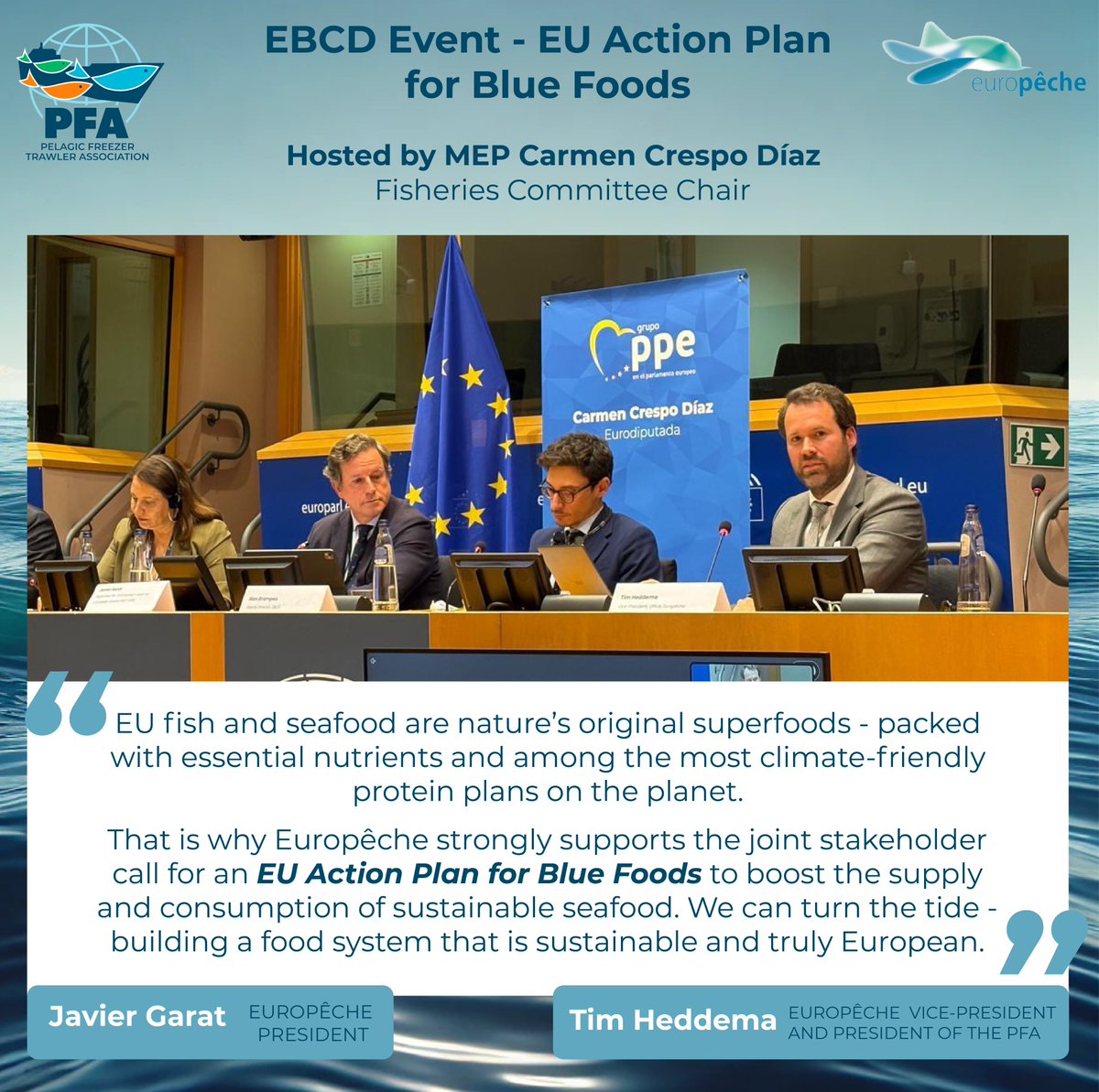 PFA_eu's tweet image. This week, @EBCD_bxl organised the event Blue Foods for a Sustainable Future: Launching the Call for an EU Action Plan.

PFA President @timheddema, as Vice-President of @EuropecheOrg, and President @garat_javier, EESC Rapporteur for the Ocean Pact, presented the sector's plan: