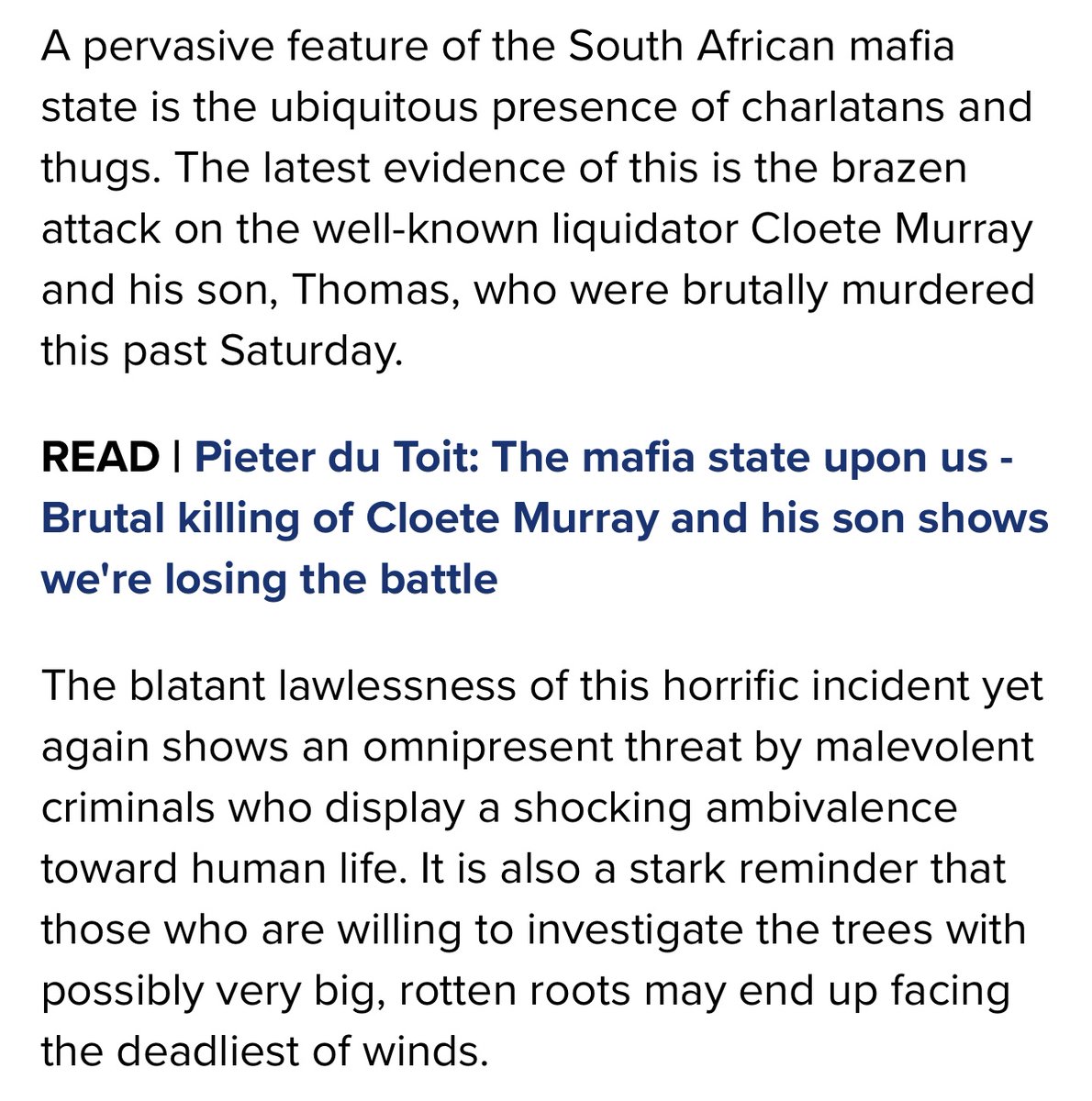 JUST IN: 
Insolvency lawyer Bouwer van Niekerk has been shot dead. 
He’d previously written about how the murders of fellow lawyers Cloete and Thomas Murray had sent a “terrifying message”. 

news24.com/southafrica/cr…