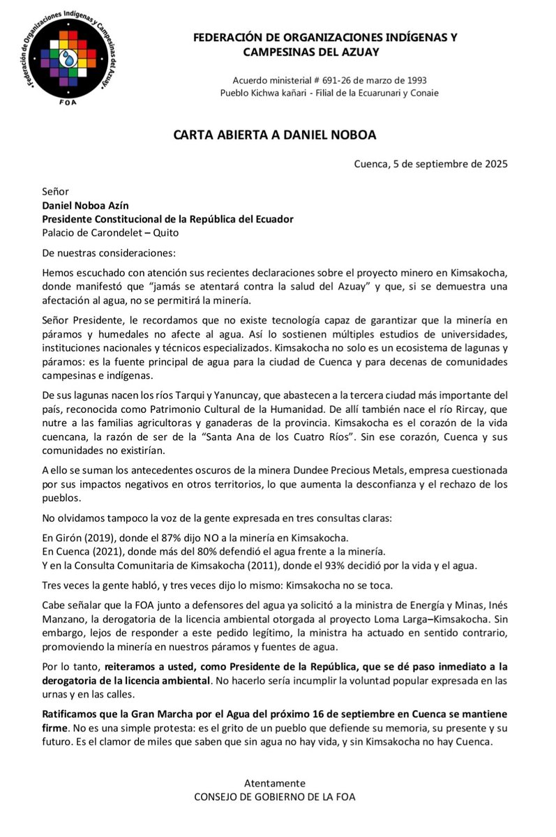 foazuay93's tweet photo. 📢💧 Carta Abierta a @DanielNoboaOk

Desde la FOA recordamos:
❌ La minería en Kimsakocha destruye el agua.
✅ 3 consultas dijeron NO a la minería.
👉 Exigimos la derogatoria inmediata de la licencia ambiental.

El 16 de septiembre marchamos en Cuenca.
#KimsakochaNoSeToca https://t.co/pCZZTf1YhY