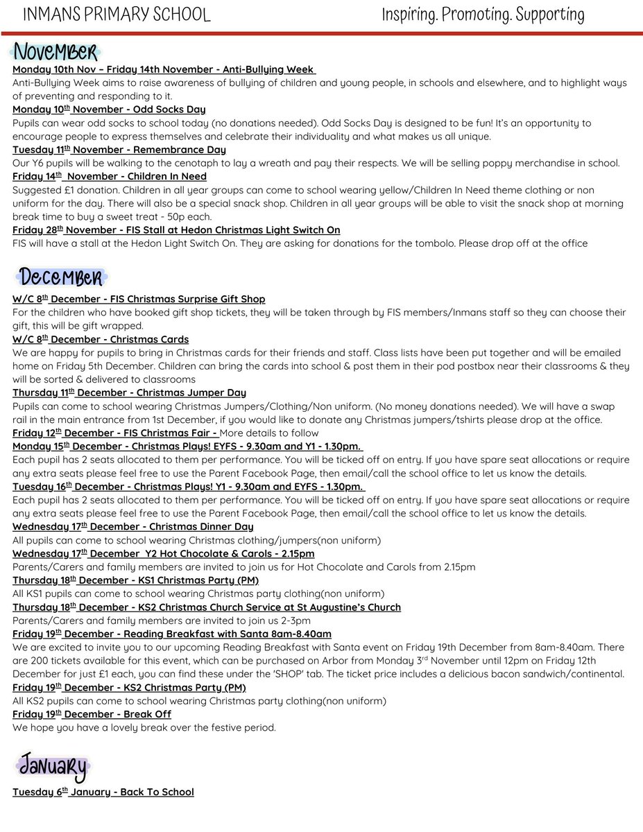 The Autumn Term Newsletter has been emailed to all parents/carers.

It can also be viewed on our website using the link below:
inmansprimaryschool.co.uk/information-fo…

There are lots of important dates to remember! Please make a note of these in your diaries!
