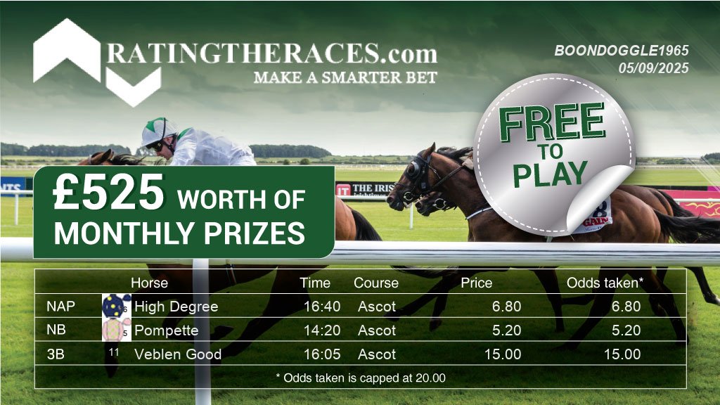 boondoggle1965's tweet photo. My #RTRNaps are:

High Degree @ 16:40
Pompette @ 14:20
Veblen Good @ 16:05

Sponsored by @RatingTheRaces - Enter for FREE here: https://t.co/8Y81amfyEO https://t.co/eDDU0lddTk