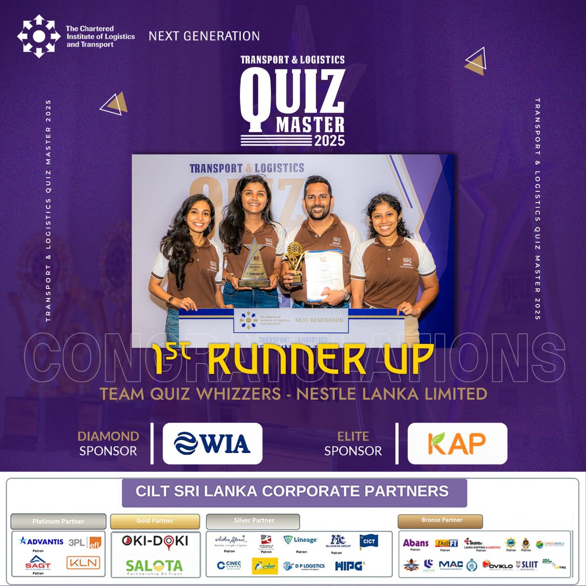 Heartfelt congratulations to Team Quiz Whizzers - Nestlé Lanka Limited on achieving the 1st Runner-Up position at Quiz Master 2024/25!

Your remarkable performance and dedication truly reflect the spirit of knowledge and competition.

#QuizMaster
#CILT #CILTNG #SL