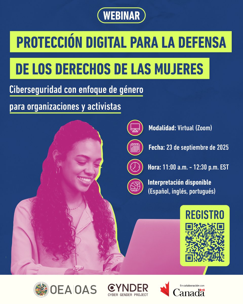 Comisión Interamericana de Mujeres (CIM) (@cimoea) on Twitter photo Desde la CIM y la Sección de Ciberseguridad <a href="/OEA_CICTE/">CICTE</a>  invitamos al webinar: "Protección digital para la defensa de los derechos de las mujeres" 🔒💻
📅 23/09 🕚 11:00 (EST)
✏️Inscripción: us02web.zoom.us/webinar/regist…
 🌎Interpretación disponible en español, inglés y portugués Desde la CIM y la Sección de Ciberseguridad <a href="/OEA_CICTE/">CICTE</a>  invitamos al webinar: "Protección digital para la defensa de los derechos de las mujeres" 🔒💻
📅 23/09 🕚 11:00 (EST)
✏️Inscripción: us02web.zoom.us/webinar/regist…
 🌎Interpretación disponible en español, inglés y portugués