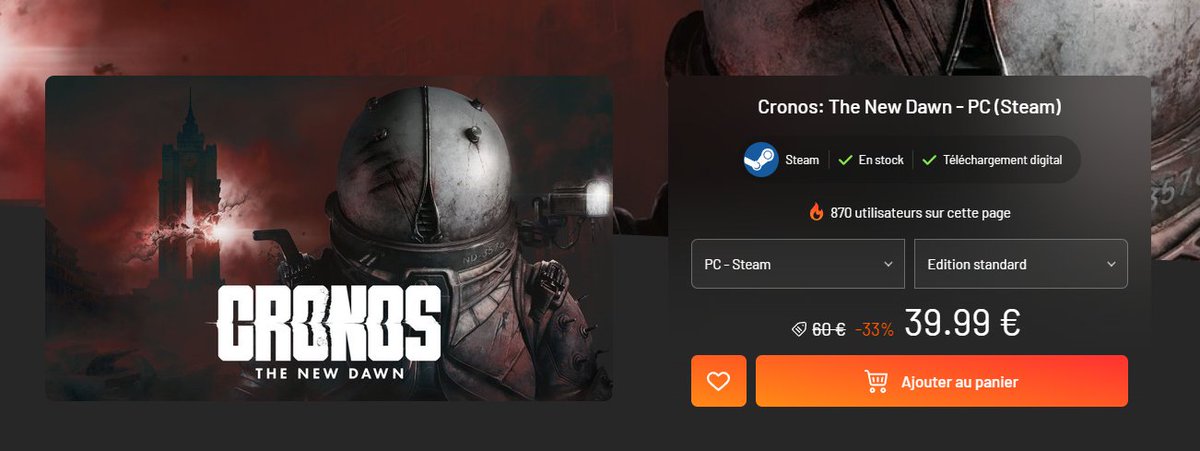 Avant hier soir j'ai attaqué mon 1er run sur Cronos The new dawn, très honnêtement le jeu est excellent ! Ca se rapproche d'un Dead Space et niveau angoisse, c'est garanti !
Si ça vous branche le jeu est en promo chez <a href="/InstantGamingFR/">Instant Gaming</a> 
instant-gaming.com/fr/17854-achet…
(lien affi)