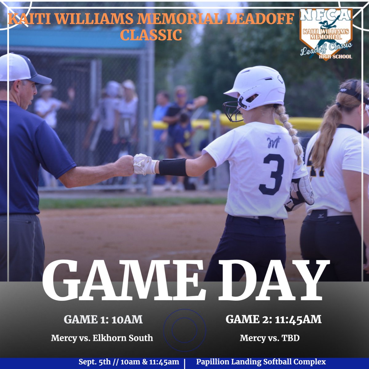 Catch us in action at the Kaiti Williams Memorial Leadoff Classic this weekend 🤩 

🗓️ Friday, September 5th
📍 Papillion Landing Sports Complex
🆚 Game 1: Elkhorn South / Game 2: TBD
⏰ Game 1: 10am / Game 2: 11:45am
🔊 GC: Mercy Varsity Monarchs 

#Team2 #BAMO