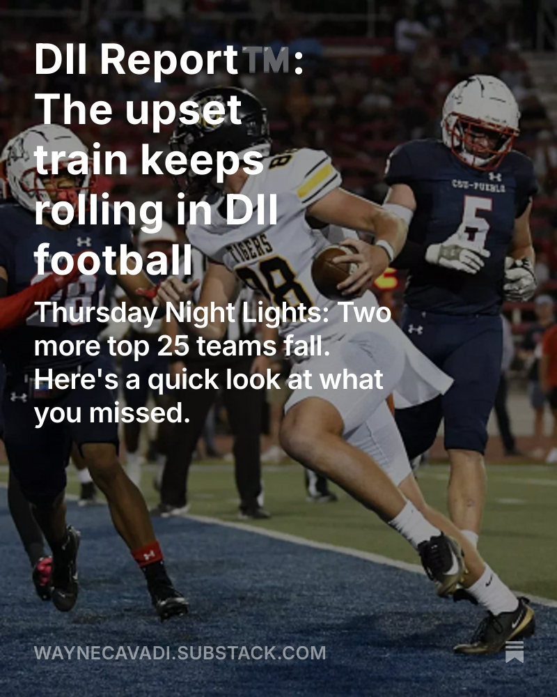 WayneCavadi_D2's tweet photo. Man, this #D2FB SZN has been Upset City. There were two more last night. Take a look at an eventful Thursday night of action in today's FREE DII Report ™️\

https://t.co/Q5SgTtznVA https://t.co/cHEGaYlvDK