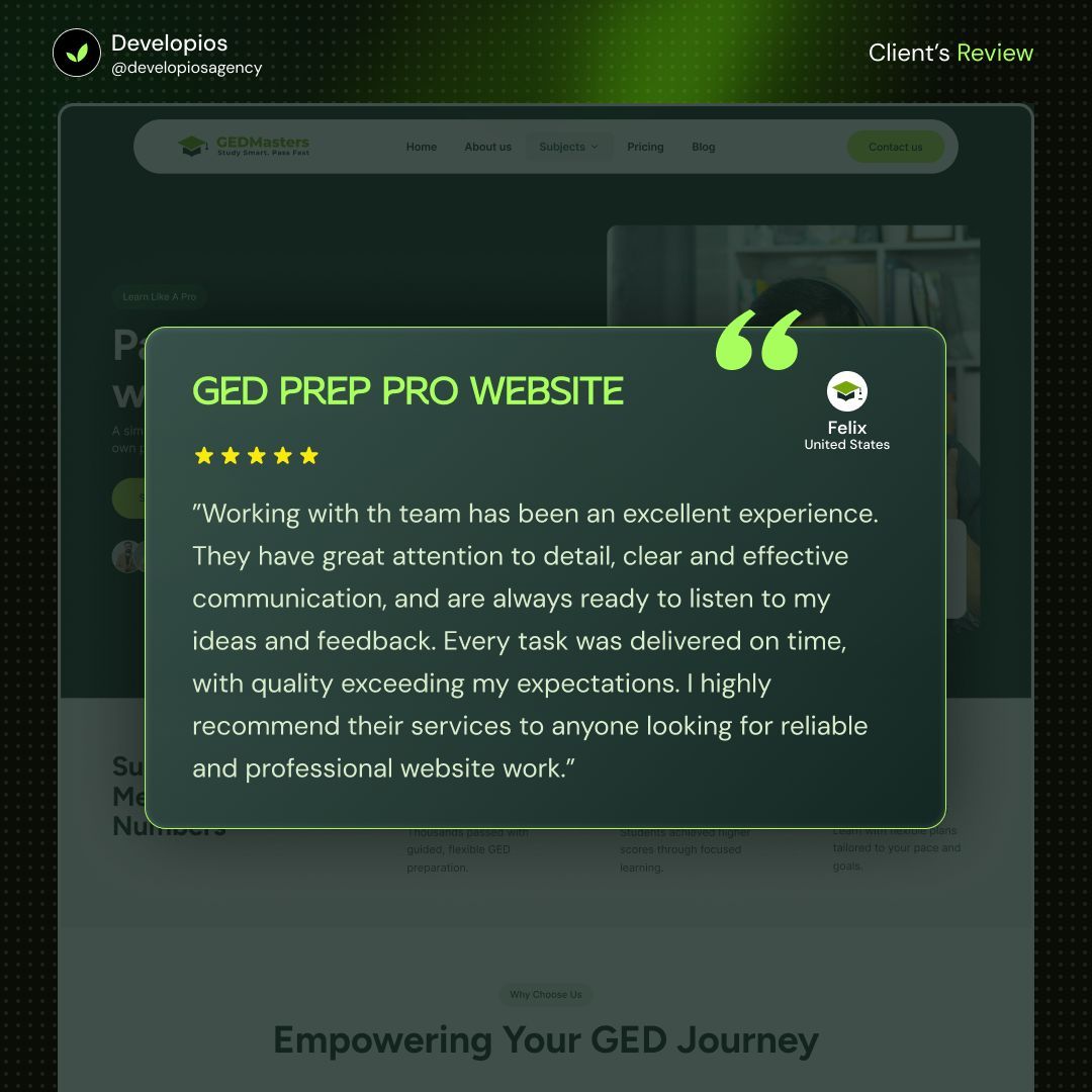 DevelopiosA's tweet image. Client Success Spotlight 🌟 | GED Prep Pro Website 

We designed and developed a platform that helps adult learners prepare for their GED with confidence. Delivered on time, with precision.

Contact us: 📩 sales@developios.com

#Developios #WebDesign #ClientSuccess