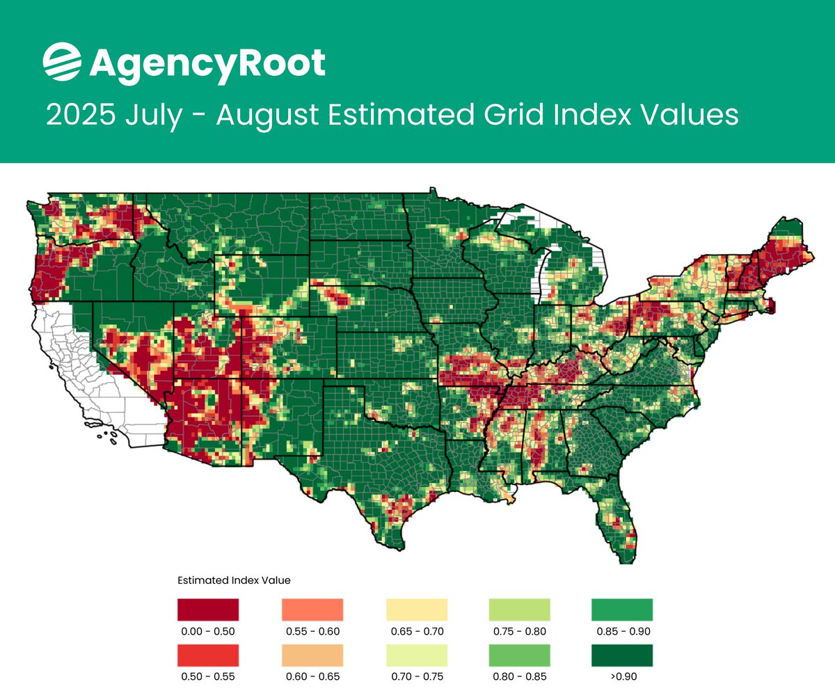 agencyroot's tweet photo. 🌞Estimated Rainfall Index Map

Est July-August 2025 Interval map is below showing all areas that estimate payments.

🔴🟠= $ at lower coverage levels ☀️
🟡= $ at higher coverage levels 🌦️
🟢= $ at highest coverage levels ⛈️
Darkest Green =❌$

#AgencyRoot #CropInsuranceSmarter https://t.co/8JQRwysSff