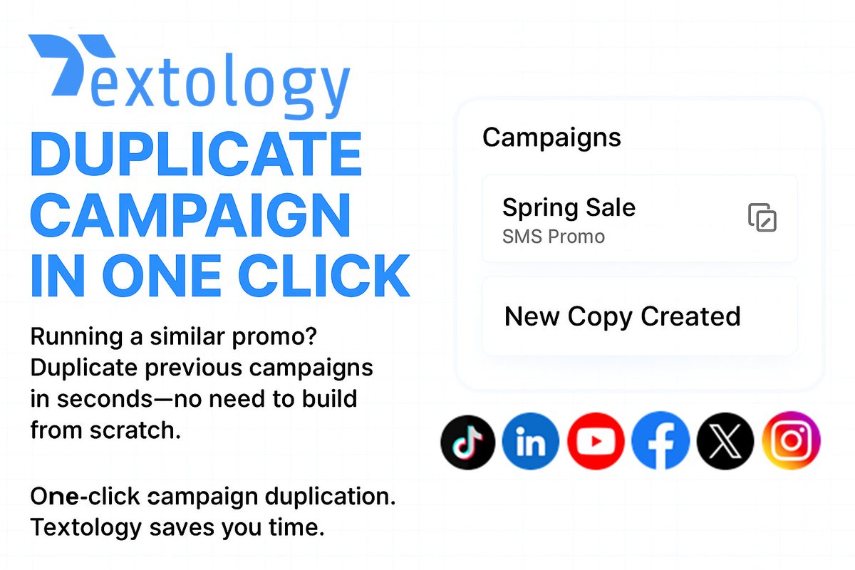 textologyhub's tweet image. 📲 Save time &amp;amp; stay consistent. Duplicate your winning SMS campaigns in one click with Textology. Perfect for recurring promos &amp;amp; quick launches.
 #CampaignDuplication #TextologyPro #SMSMarketing #BusinessTools