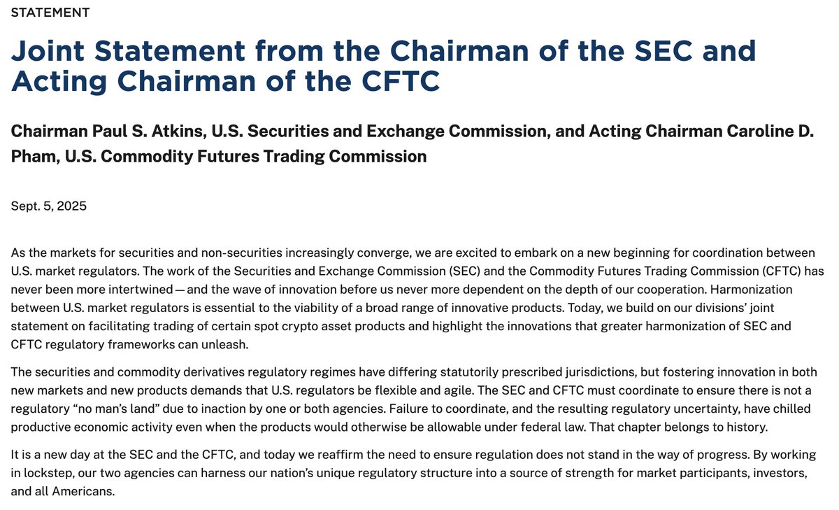 암호화폐 규제 조화에 관한 SEC 의장 Paul Atkins과 CFTC 직무대행 의장 Caroline D. Pham의 공동 성명